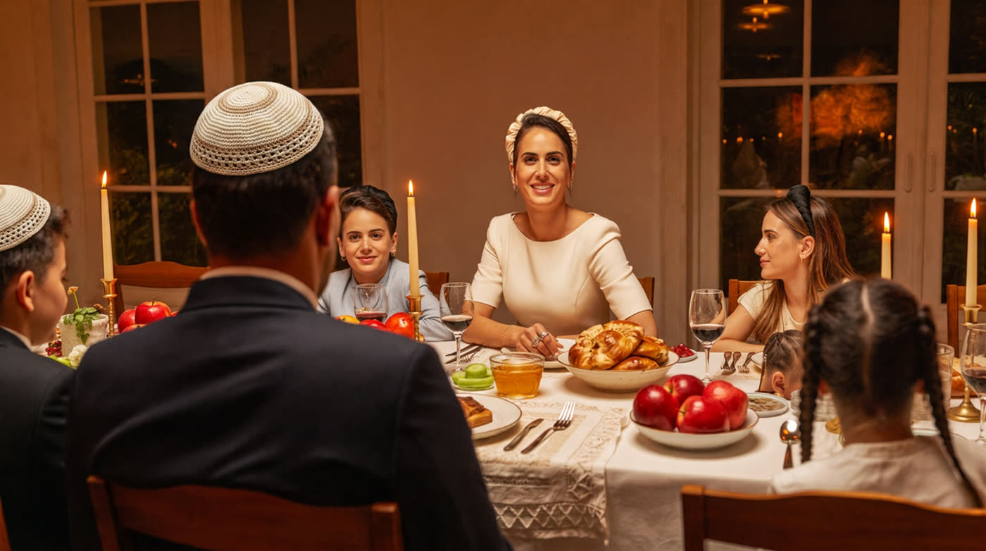 שולחן חג משפחתי לאור נרות